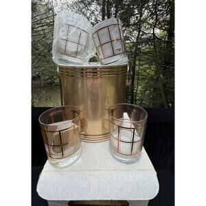 Vtg Custom Deco Inc Ice Bucket & Glassware Colonial Gold Entertainment Set